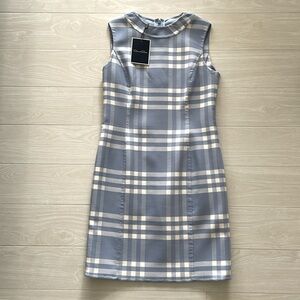 SALE! NEW! Oscar de la Renta Dusty Blue & White Stretch Wool Plaid Dress
